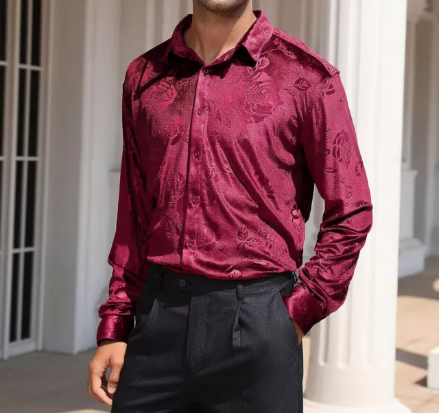 TURETRENDY Men's Velvet Shirts Floral Printed Rose Shirts Long Sleeve Button Dow 2