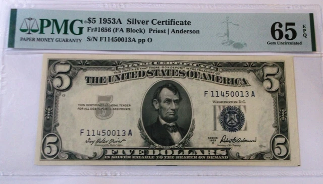 $5 1953 A Silver Certificate PMG S/N #F11450013A pp O, 65 EPQ