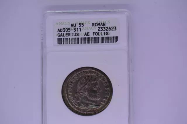 Ancient Roman Follis:  Galerius AD 305-311- ANACS AU-55.  A superb coin.