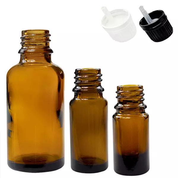 Amber Glass Bottles - 5/10/30/100ml - Black or White Dropper (or plain) Caps