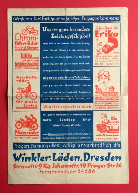 Reklame Blatt DRESDEN Naumann Fahrräder - Winkler Läden um 1935 (  F14572
