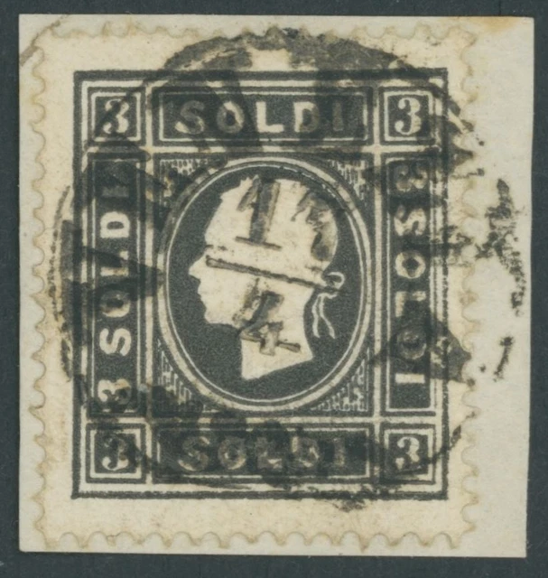 LOMBARDEI UND VENETIEN 1858, 3 So. schwarz, Type I, zentrischer Stempel VENEZIA