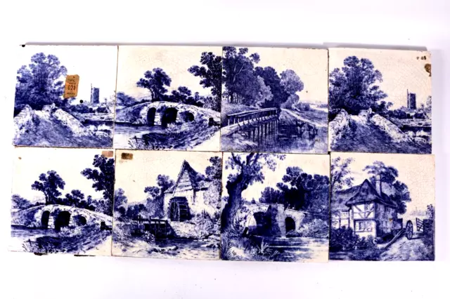 Rare Antique Minton Tile Set 8 Countryside Scenes Globe Mark Circa 1880