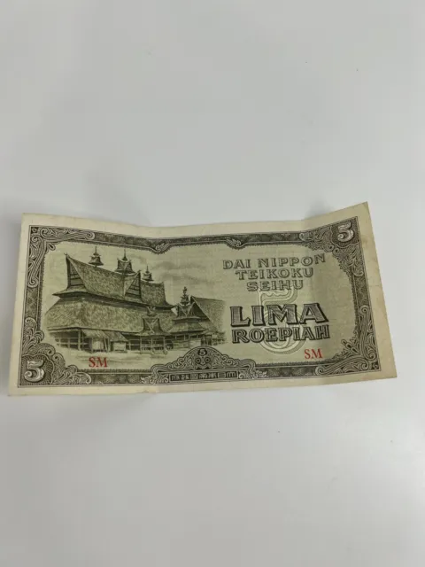 Rare 5 Lima Roepiah Banknote Dai Nippon Teikoku Seihu SM Japanese Indonesia