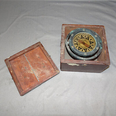 Antique RIGGS & BRO Maritime Compass with Brass Gimbal Frame Fitted in Wood Box
