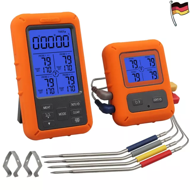 Digital Bratenthermometer Funk Grillthermometer Fleisch-Thermometer mit 4-Fühler