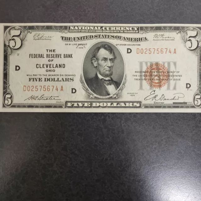 💎1929 $5 Five Dollar Note, Crisp, Very Nice, Unc Detail Brown Seal,Cleveland💥