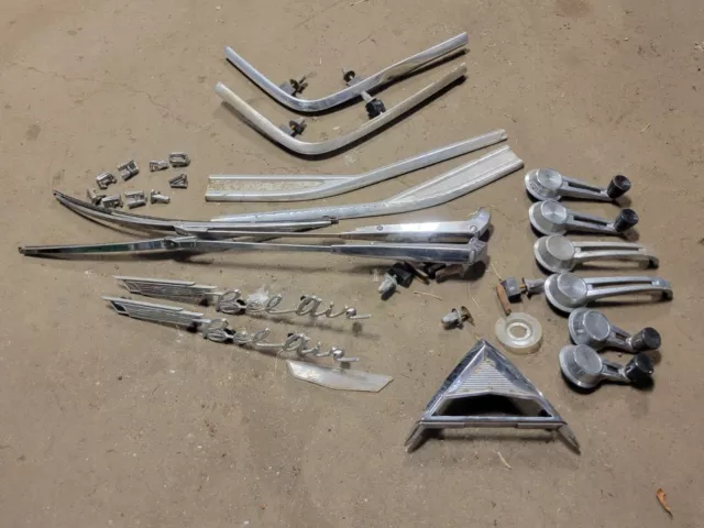 1961 Chevy Bel Air Parts lot emblems hockey stick trim door handles wiper arm SS
