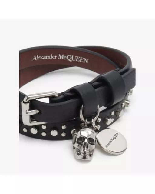 Authentic Alexander McQueen Black Double Strap Leather Skull Bracelet RRP £190