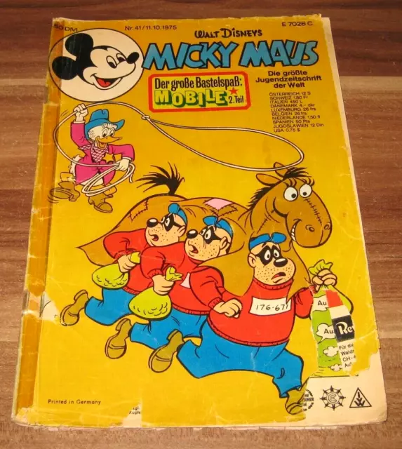 Micky Maus 1975 Nr. 41 Bastel Beilage Mobile + 1.FCK Ehapa Vintage Comic Heft