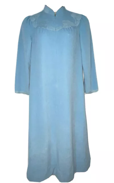 Vanity Fair Robe Housecoat Zip Front Fleece Powder Blue Lace Trim Small VTG 70's
