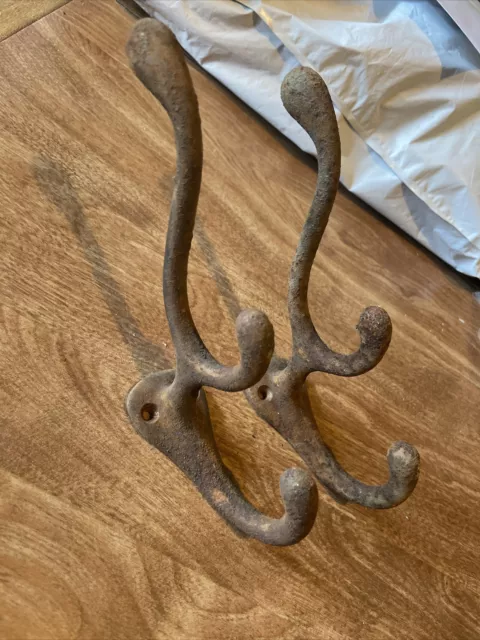 2 Vintage  Cast Iron Heavy Duty 3-Hook Wall Hall Tree Coat Hooks