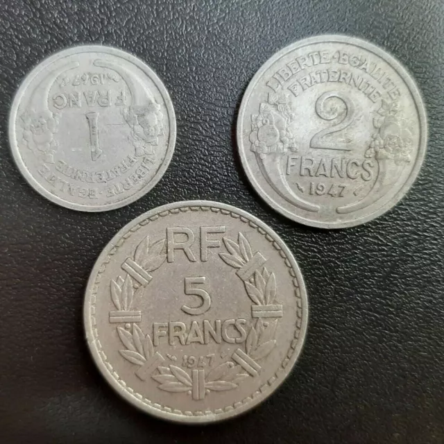 1, 2, 5 französische Francs l Franken, Münzen 4. Republik Frankreich 1947