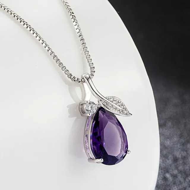 Women 925 Sterling Silver Crystal Leaf water Drop Pendant Necklace Jewellery UK