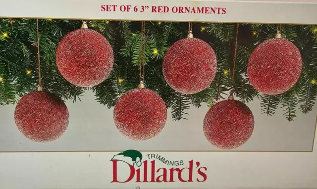 Red Textured Glass Christmas Ornaments Set Of 6 Vtg Dillards Trimmings Heavy