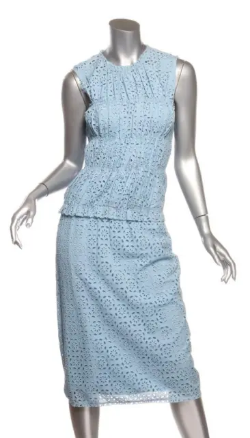 NINA RICCI Womens Blue Eyelet Cotton Sleeveless Long Knee Length Dress US4 S NEW