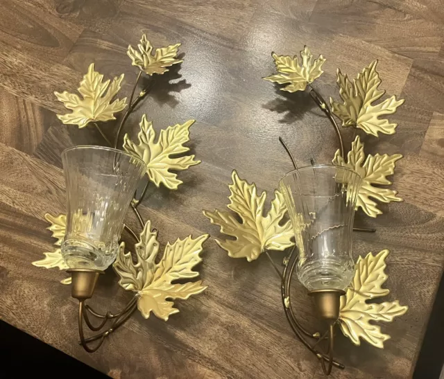 2 VTG Home Interiors Homco Gold Maple Leaf Candle Holder Sconces With Glass