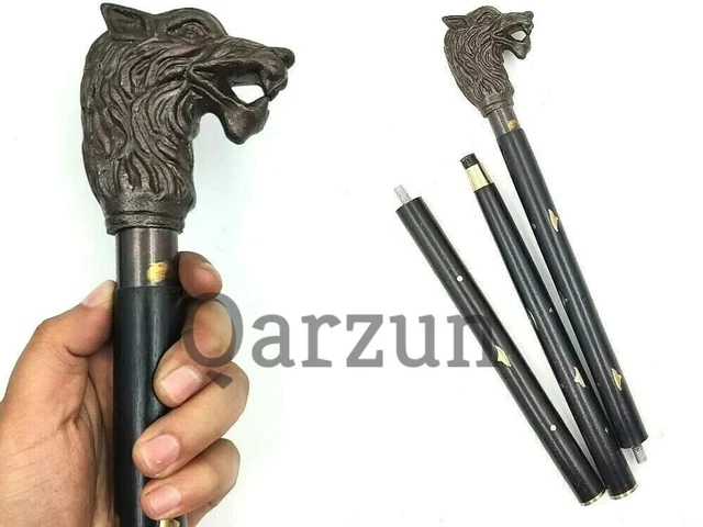 Antique Finish Metal Wolf Head Handle Wooden Walking cane-Walking Stick-Cane 3