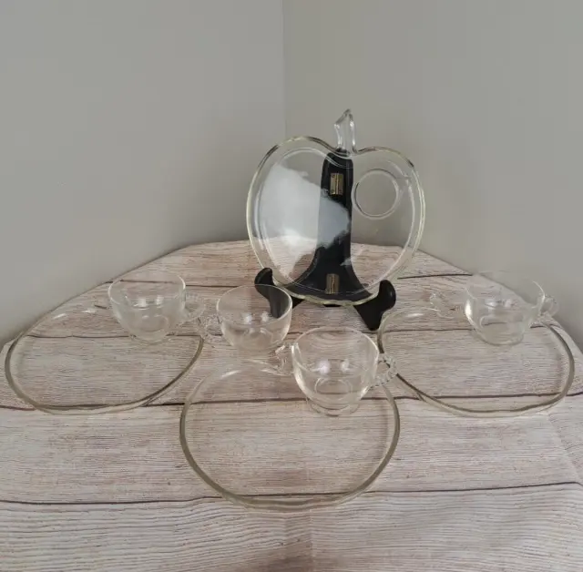 4 Vintage Apple-shaped Luncheon Plates & Snack Cups Hazel Atlas Clear Glass