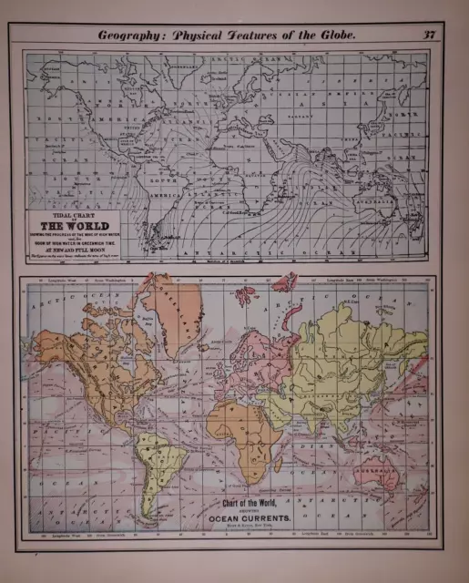 Old Original 1896 Atlas Map ~ TIDES & CURRENTS of the WORLD ~ (11x14) -#1363