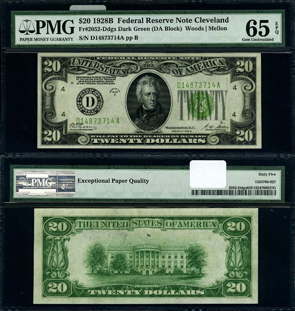 FR. 2052 Ddgs $20 1928-B Federal Reserve Note Cleveland D-A Block Gem PMG CU65 E
