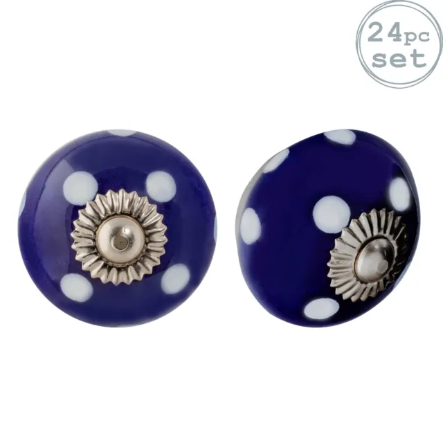 24x Round Ceramic Cabinet Knobs Cupboard Door Drawer Handles Navy & Blue Spot
