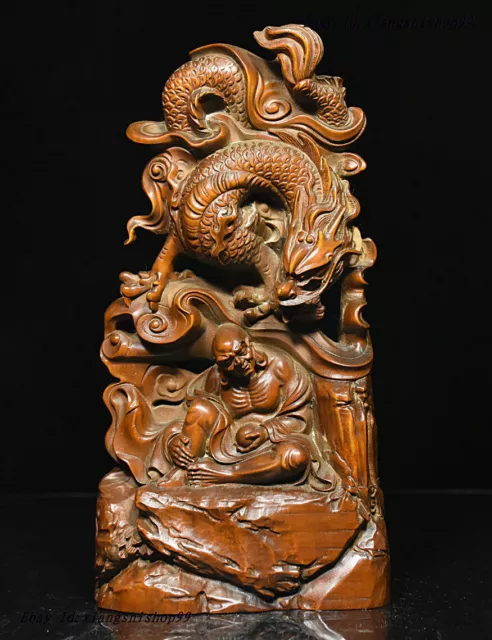 Chinese Buddhism Boxwood Wood Carved Dragon Arhat Monk Buddha Statue 2