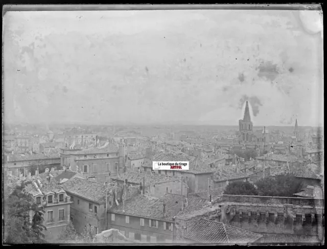 Vue générale, Avignon, Plaque verre photo ancienne, négatif noir & blanc 9x12 cm