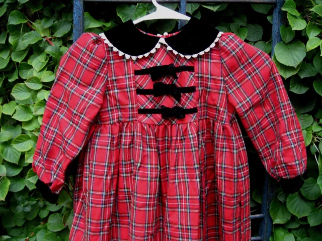 Jessica Ann Holiday Party Dress Size 4 Red Black Plaid Velvet Trim Bows Lnwot