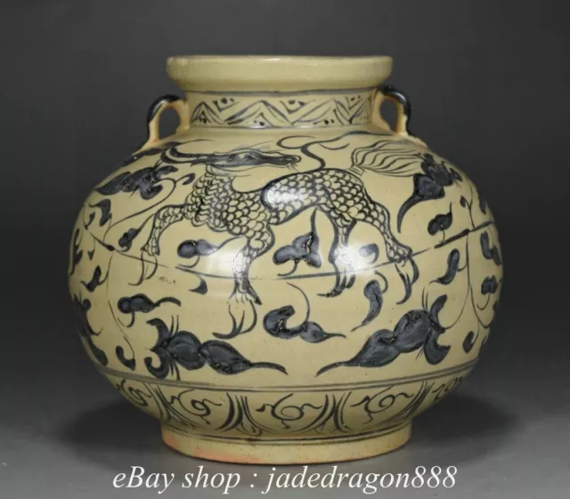 6" Chinese Old Black Blue White Porcelain Dragon Beast Flower Pot Jar Crock