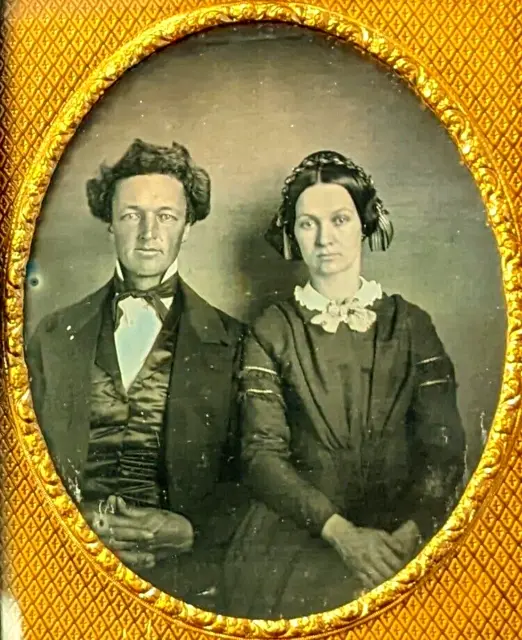 !/4 Plate Daguerreotype of Handsome Couple, Wild Hair, Ribbons, Full Case !!