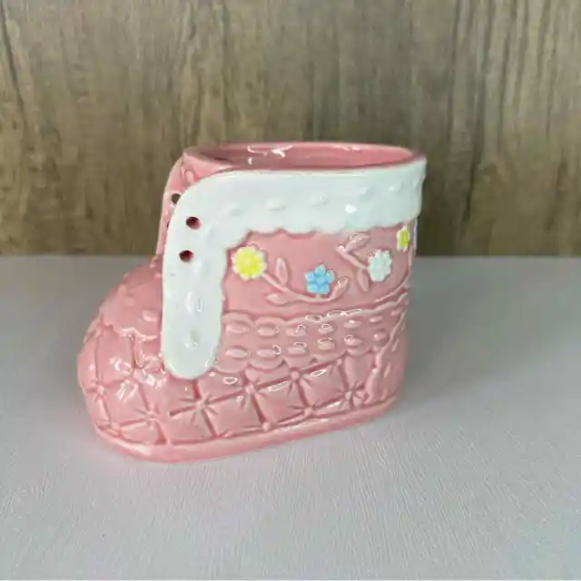 Vintage Napco Ceramic Baby Girl Pink Bootie Planter Nursery Collectible