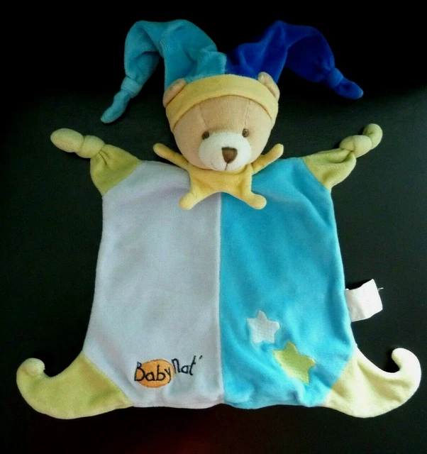 *. Doudou Plat Baby Nat Ours Bleu Vert Jaune Etoile Bonnet 2 Pointes - Tbe