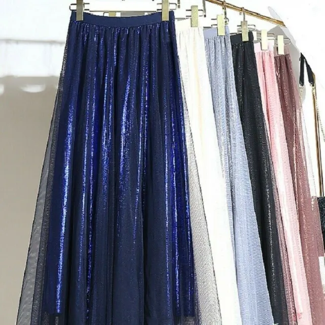 Women Pleated Tulle Mesh Long Skirt Elastic High Waist A-line Glitter Fashion