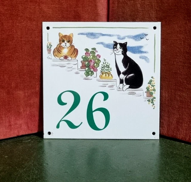 Vintage French enamel house cat flower number 26 sign for door wall street entry
