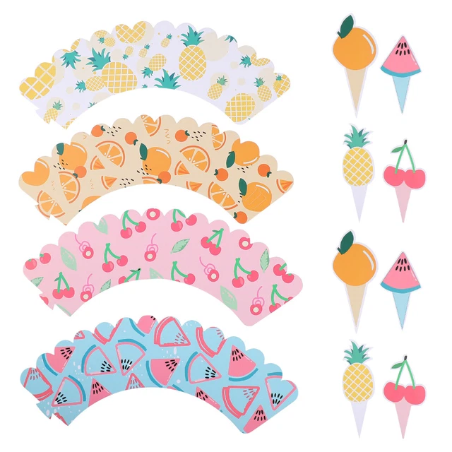 24 juegos de envoltura de cupcake topper set verano playa fiesta fruta impresión cupcake