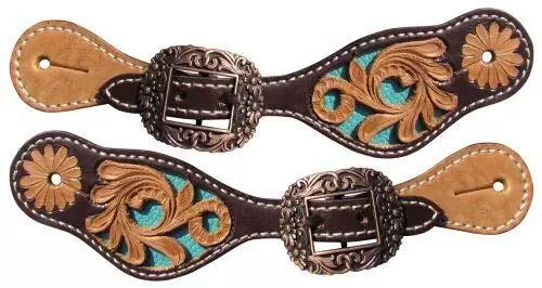 Showman YOUTH Dark & Light Oil Leather Spur Straps w/ Floral Tooling &