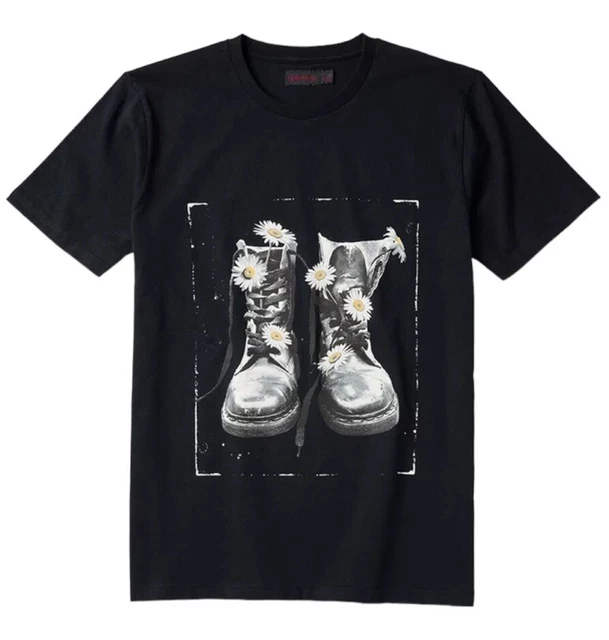 DR MARTENS FLOWER Boot T Shirt Top Size L in Black Mens Womens