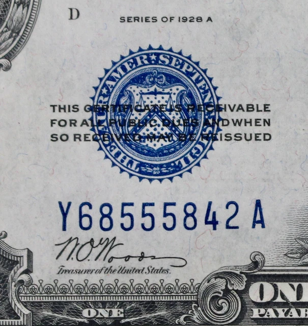 $1 1928A CU Funny back Silver Certificate Y68555842A series A, one dollar