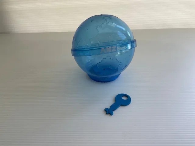 Vintage Plastic ANZ Bank Money Box Blue Globe Earth with Key circa 1990s