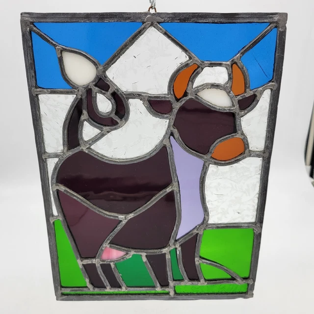 Vintage Stained Glass Purple COW Handmade Window Hanging Sun Catcher 11" x 8"