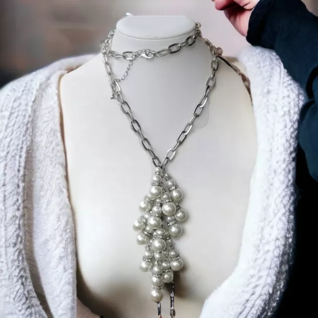 Vintage Necklace 5" Faux Pearl Rhinestone Tassel Silver Tone Link Chain 32"L