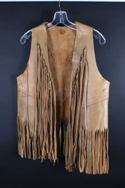Vintage 60s Western Leather Fringe Vest Waist Coat Hippy Biker Mens Medium