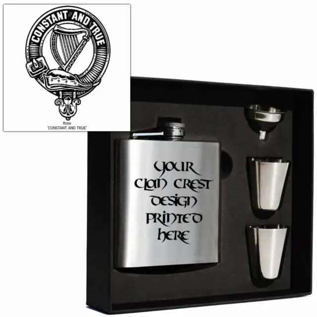 Art Pewter Rose Clan Crest 6oz Hip Flask Box Set (s) HF6 S-C95 Scottish