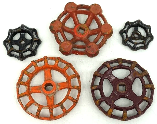 Old Vtg Industrial Cast Iron Faucet Valve Shut Off Handle Oval Flower Lot Of 5