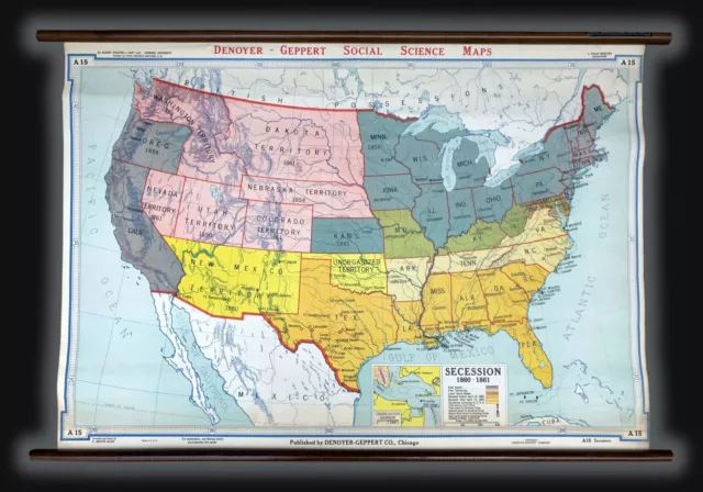 1940 Denoyer-Geppert Wall Map of Secession before the American Civil War