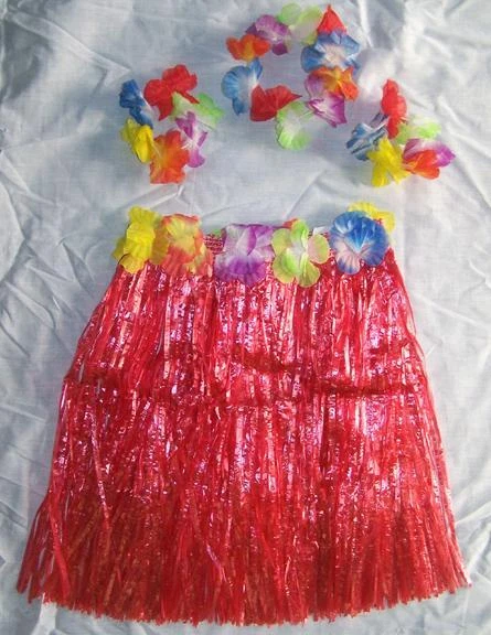 KIDS SIZE HAWAIIAN HULA RED SKIRT PARTY SET new childrens luau bracelet hat kid