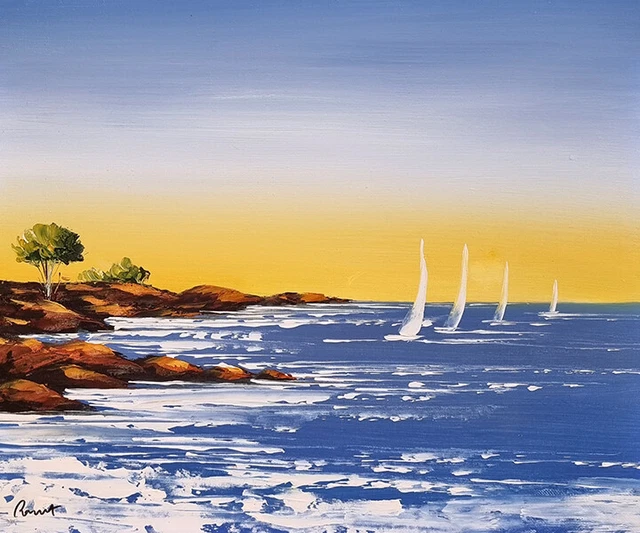 TABLEAU PEINTURE PAYSAGE coucher soleil mer, peinture marine voilier ...