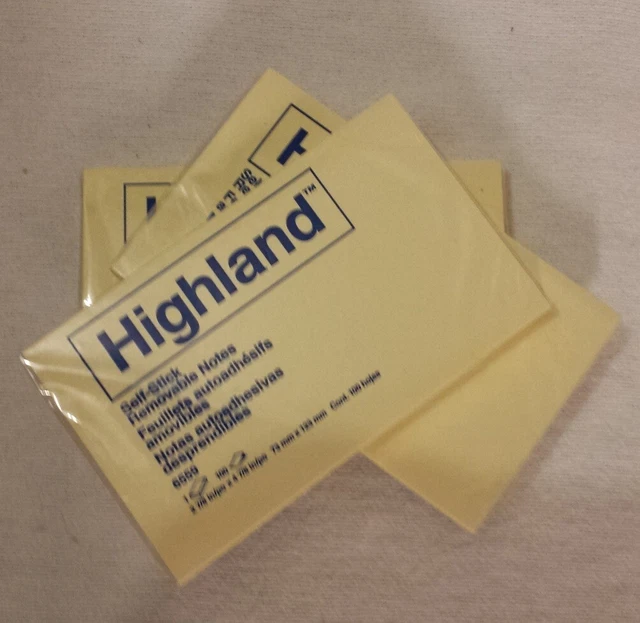 Highland Self-Stick Removable Notes 3"x5" 100 ea 6559 3 Pads Yellow Office NIP