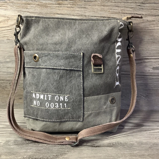 Womens Distressed London Admit One Khaki Denim Crossbody Bag Brown Leather Strap